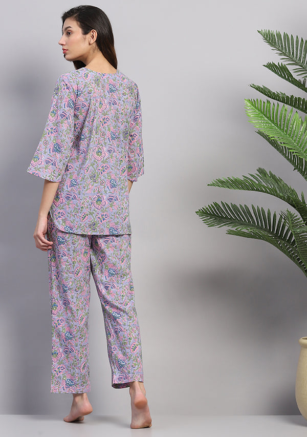 Mauve Pink Floral Hand Block Printed Cotton Night Suit