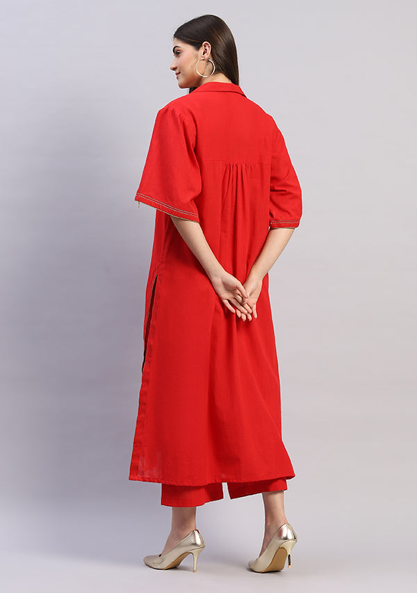 Red Collared Co-ord Set with Bronze Trimmings Paired With Pants