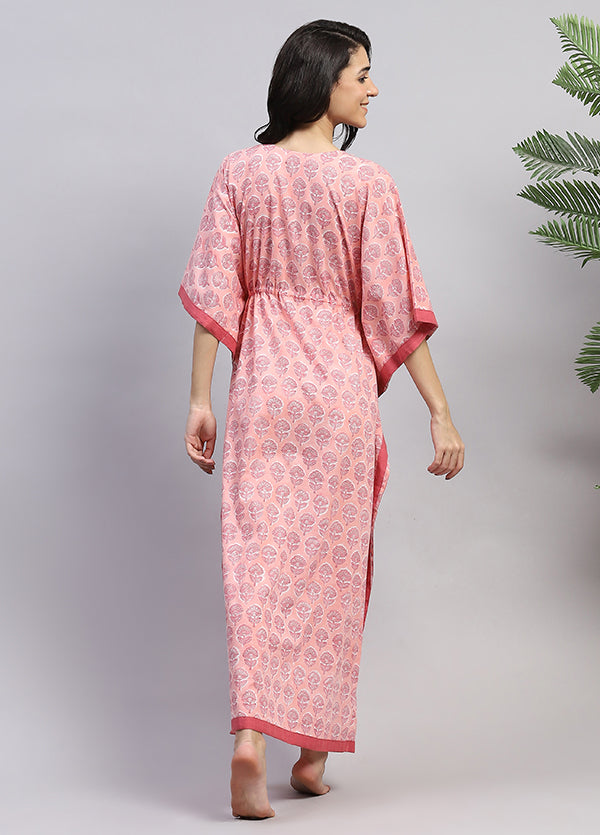 Peach Pink Floral Hand Block Printed Tie-Up Waist Cotton Kaftan