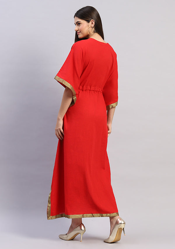 Red Cotton Kaftan with Gold Trimmings