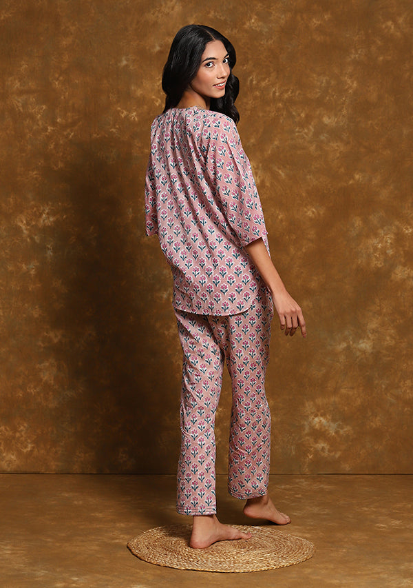 Pink Flower Motif Hand Block Printed Cotton Night Suit with Silver Trimmings