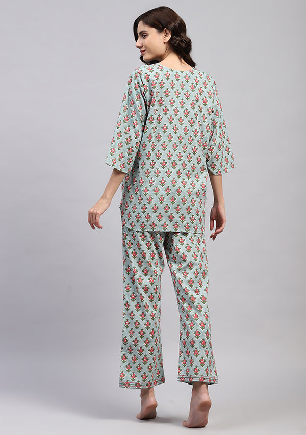 Blue Pink Floral Hand Block Printed Cotton Night Suit with Trimmings