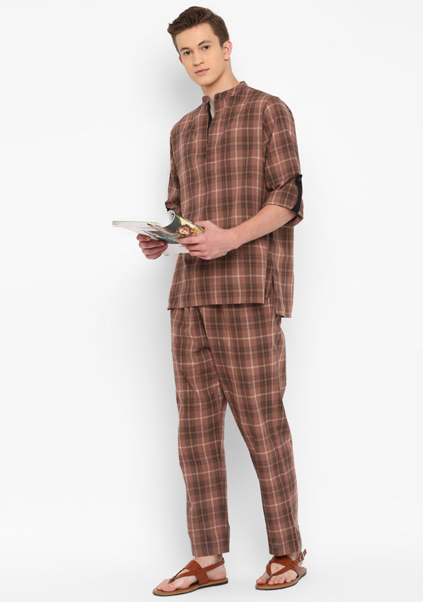 Brown Black Checked Shirt And Pyjamas For Men