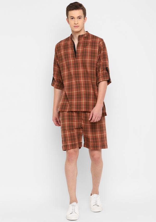 Brown Black Checked Cotton Shirt and Shorts For Men