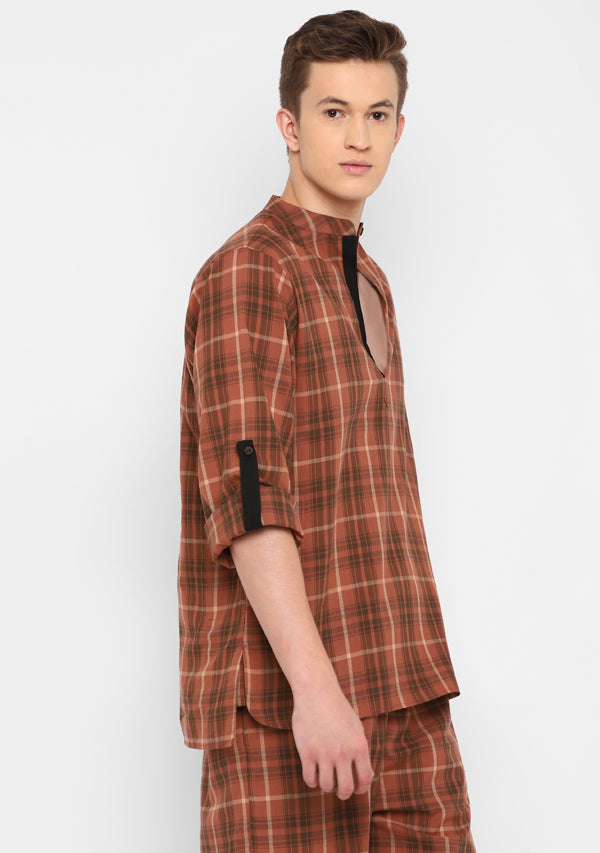 Brown Black Checked Cotton Shirt and Shorts For Men