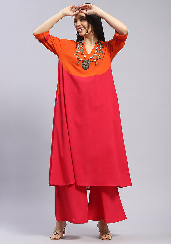 Fuchsia Cotton Co-ord Set with Orange Yoke and Trimmings