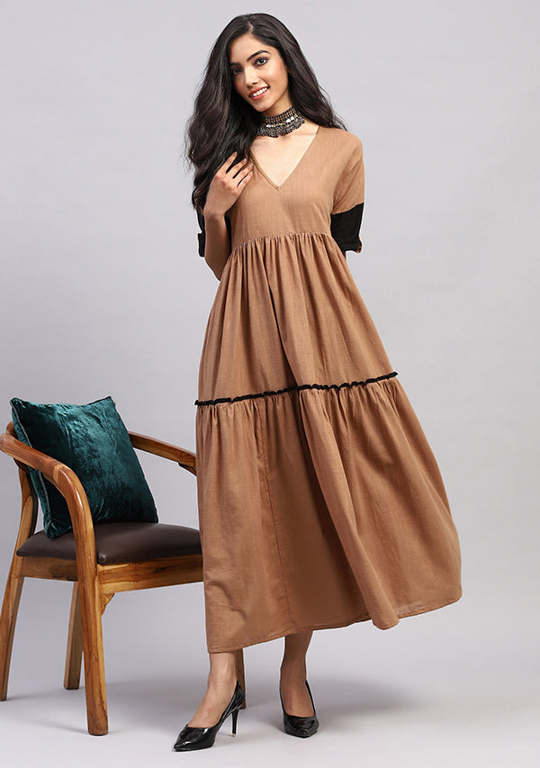 Brown Cotton Dress With Gathers and Contrast Black Trimmings