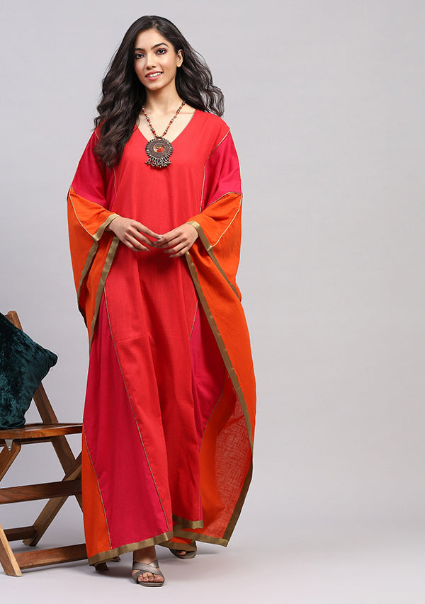 Flowy Flame Colour Kaftan With Bronze Tissue Trimmings