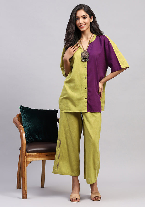 Olive Green Mauve Front Open Cotton Co-ord Set with Pants