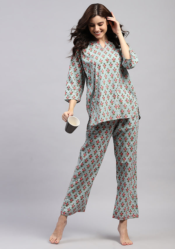 Blue Pink Floral Hand Block Printed Cotton Night Suit with Trimmings
