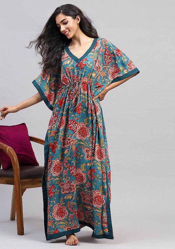 Teal Red Floral Hand Block Printed Tie-Up Waist Cotton Kaftan
