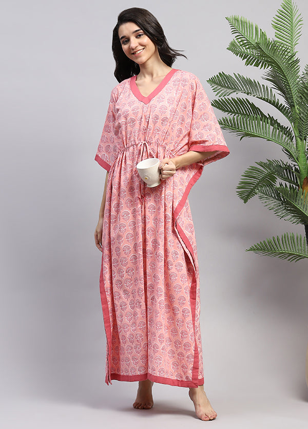 Peach Pink Floral Hand Block Printed Tie-Up Waist Cotton Kaftan
