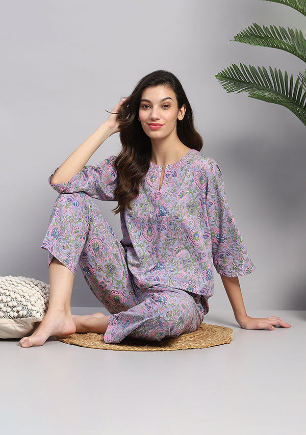 Mauve Pink Floral Hand Block Printed Cotton Night Suit
