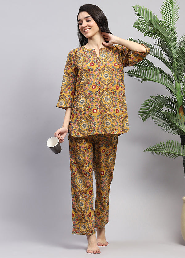 Mustard Multicolour Floral Hand Block Printed Cotton Night Suit