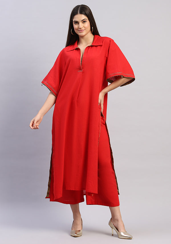 Red Collared Co-ord Set with Bronze Trimmings Paired With Pants
