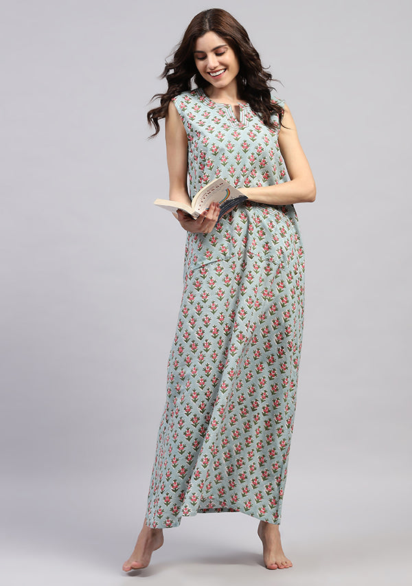 Blue Green Hand Block Printed Flower Motif Sleeveless Nighty with Pocket Detail