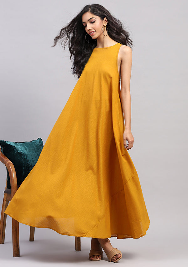 Mustard Sleeveless A-Line Long Cotton Dress