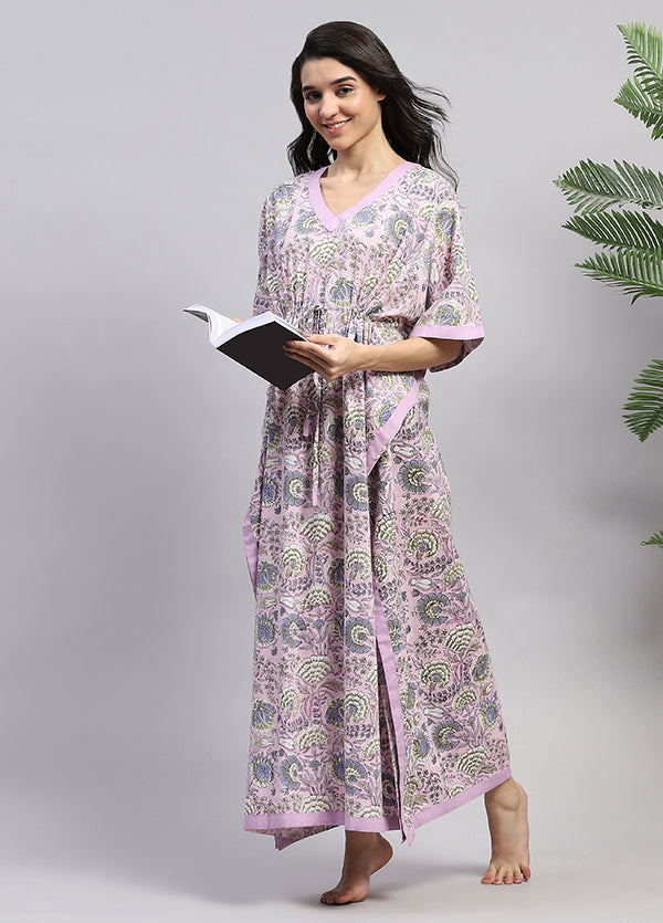 Mauve Pink Floral Hand Block Printed Tie-Up Waist Cotton Kaftan