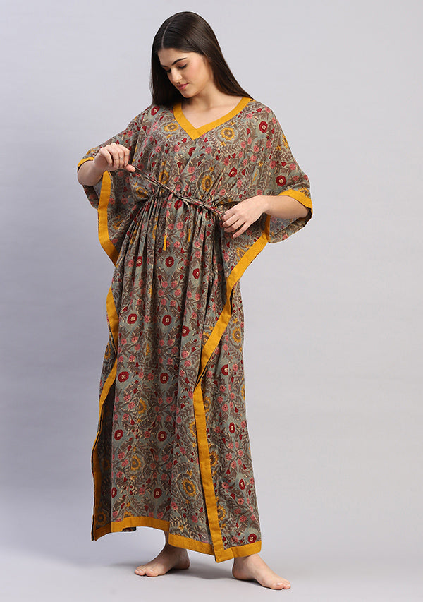 Teal Multicolor Floral Hand Block Printed Tie-Up Waist Mulmul Kaftan