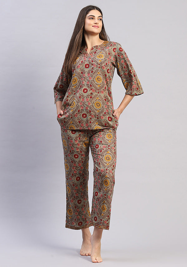 Aqua Multicolored Floral Hand Block Printed Mulmul Night Suit