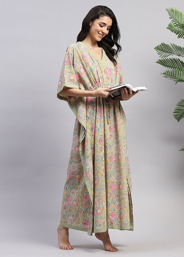 Soft Green Pink Floral Hand Block Printed Tie-Up Waist Cotton Kaftan