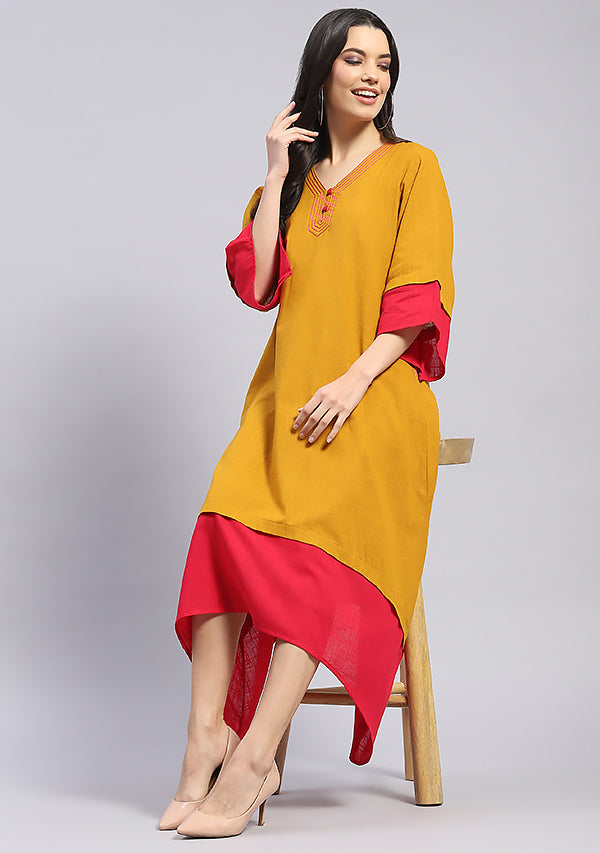 Mustard and Fuschia Layered Side Tail Cotton Dress