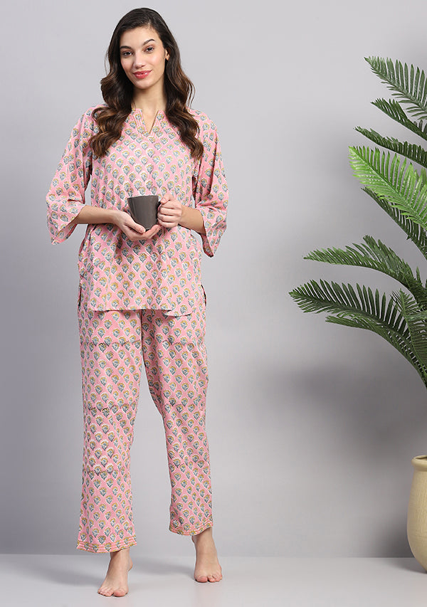 Pink Yellow Floral Hand Block Printed Cotton Night Suit