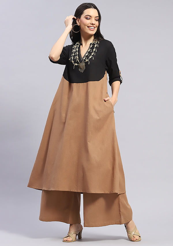 Brown Cotton Co-ord Set with Black Yoke and Golden Trimmings