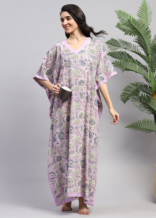 Mauve Pink Floral Hand Block Printed Tie-Up Waist Cotton Kaftan