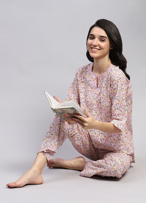 White Multicolor Floral Hand Block Printed Cotton Night Suit
