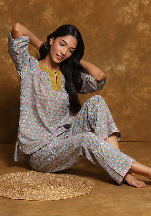 Sky Blue Pink Flower Motif Hand Block Printed Cotton Night Suit with Gold Trimmings
