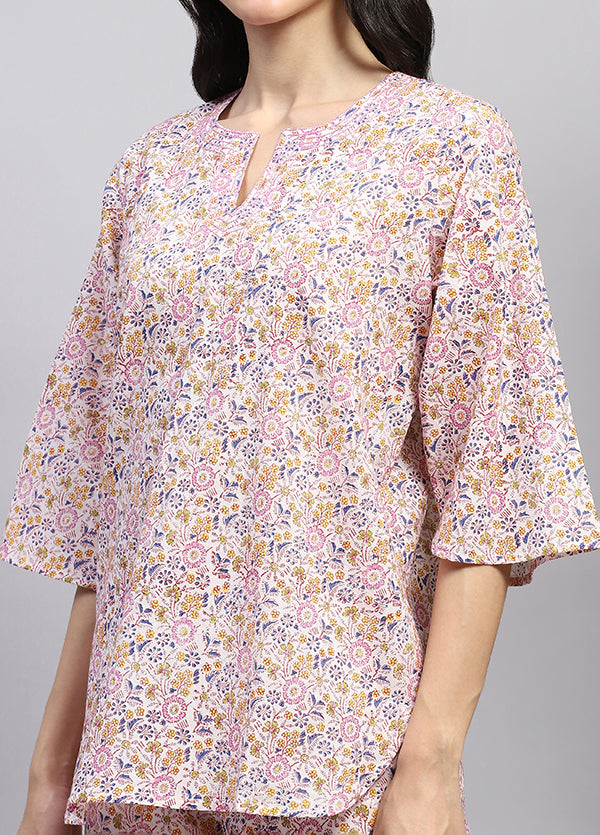 White Multicolor Floral Hand Block Printed Cotton Night Suit