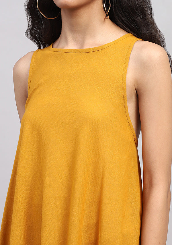 Mustard Sleeveless A-Line Long Cotton Dress