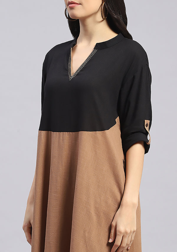 Brown Cotton Co-ord Set with Black Yoke and Golden Trimmings