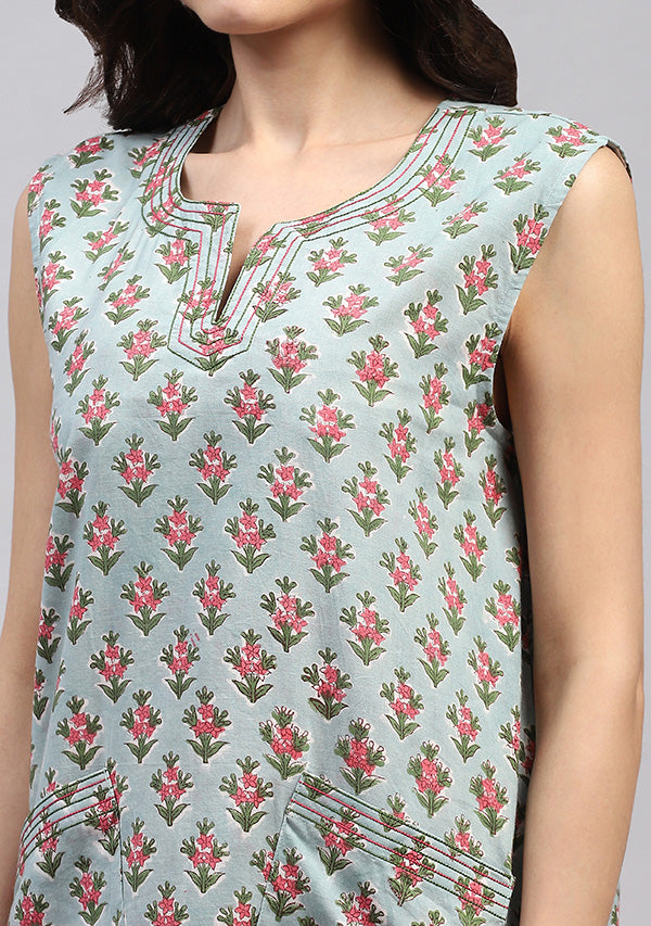 Blue Green Hand Block Printed Flower Motif Sleeveless Nighty with Pocket Detail