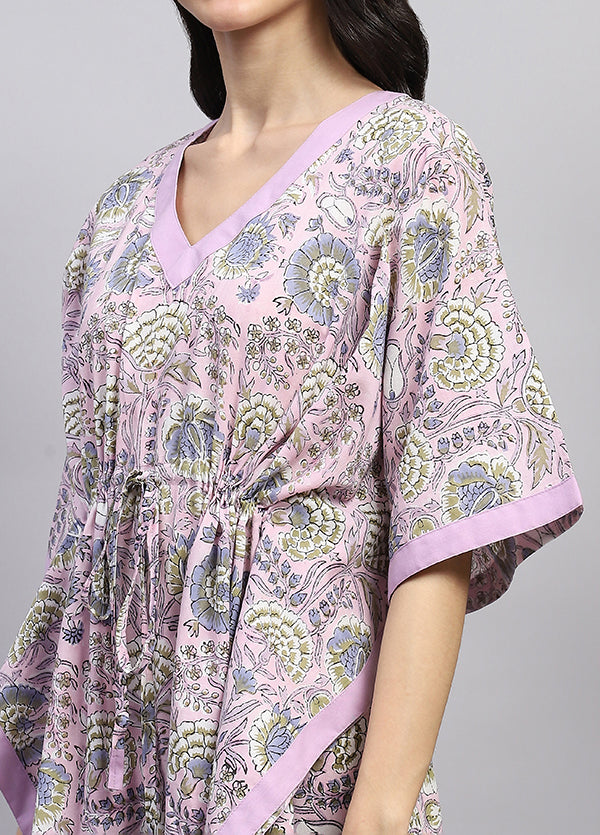 Mauve Pink Floral Hand Block Printed Tie-Up Waist Cotton Kaftan
