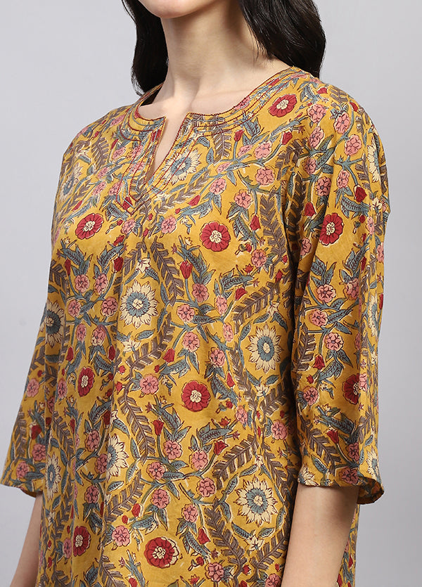 Mustard Multicolour Floral Hand Block Printed Cotton Night Suit