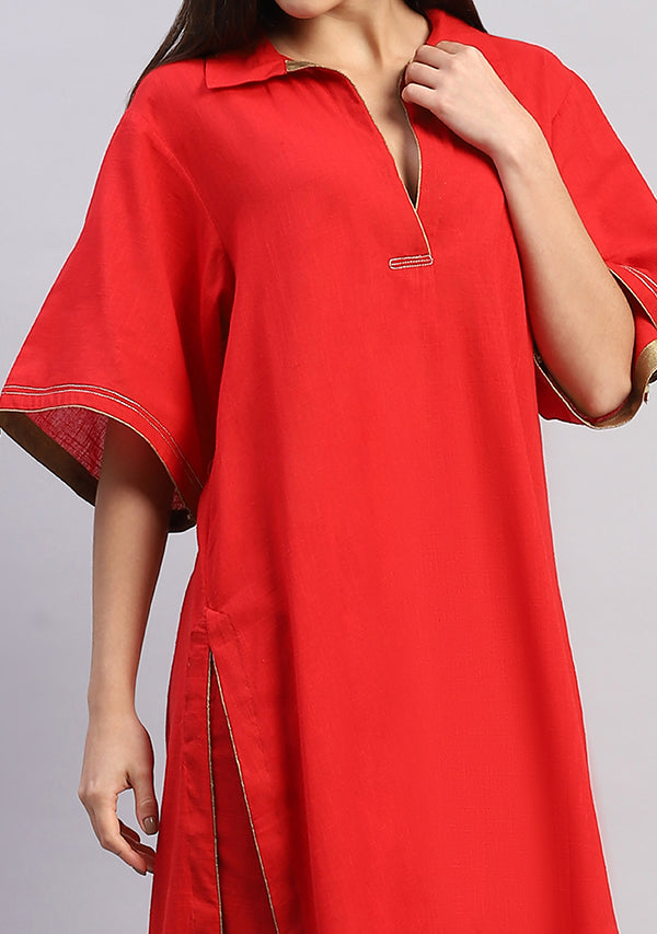 Red Collared Co-ord Set with Bronze Trimmings Paired With Pants