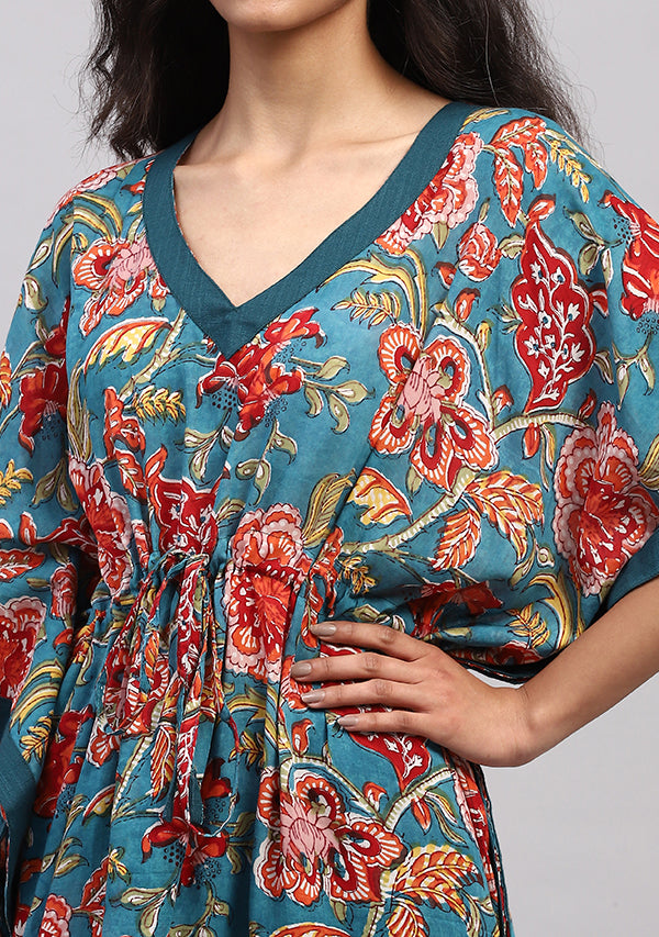 Teal Red Floral Hand Block Printed Tie-Up Waist Cotton Kaftan