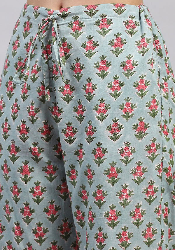 Blue Pink Floral Hand Block Printed Cotton Night Suit with Trimmings