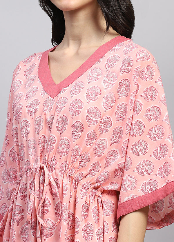 Peach Pink Floral Hand Block Printed Tie-Up Waist Cotton Kaftan