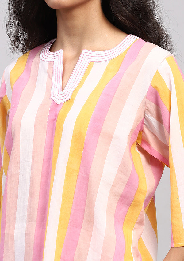 Pink White Multicolor Striped Hand Block Printed Cotton Night Suit