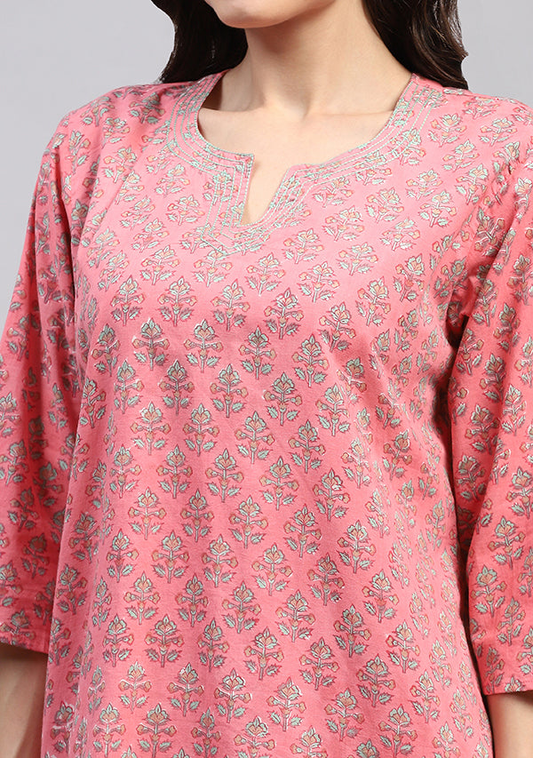 Pink Green Floral Hand Block Printed Cotton Night Suit with Trimmings