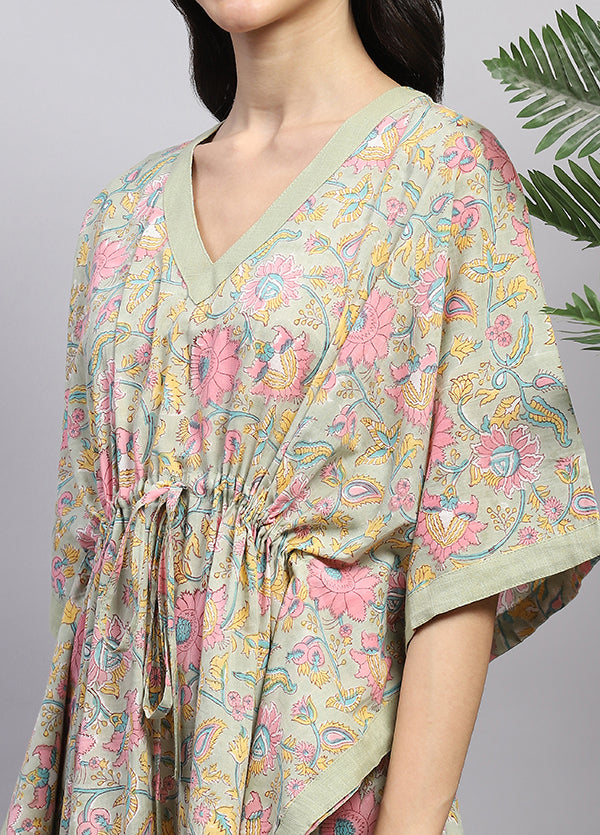 Soft Green Pink Floral Hand Block Printed Tie-Up Waist Cotton Kaftan