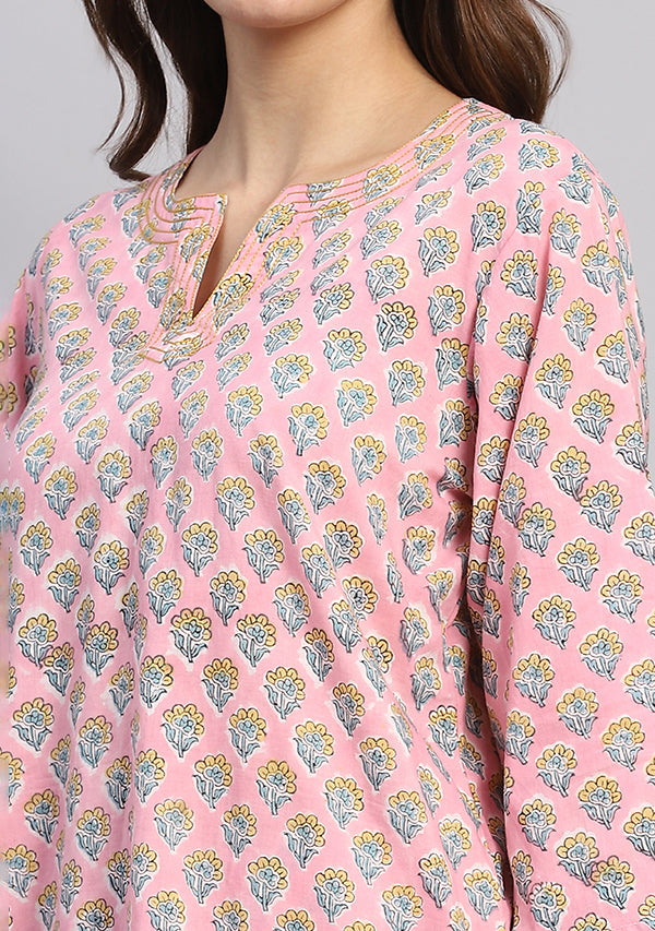 Pink Yellow Floral Hand Block Printed Cotton Night Suit
