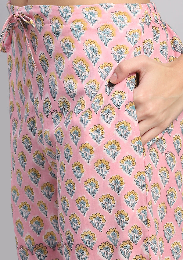 Pink Yellow Floral Hand Block Printed Cotton Night Suit