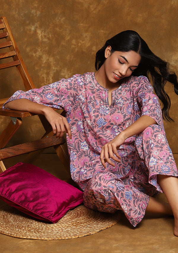 Pink Grey Floral Hand Block Printed Cotton Night Suit with Sliver Trimmings