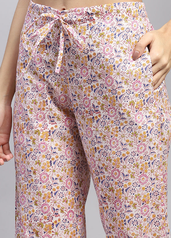 White Multicolor Floral Hand Block Printed Cotton Night Suit
