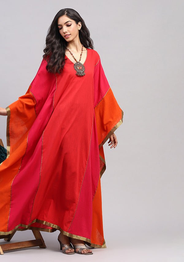 Flowy Flame Colour Kaftan With Bronze Tissue Trimmings