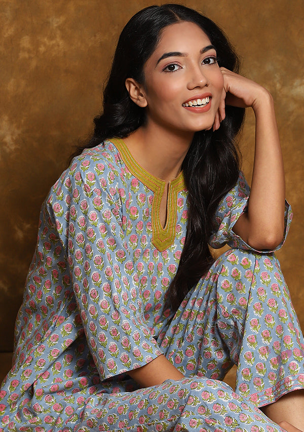 Sky Blue Pink Flower Motif Hand Block Printed Cotton Night Suit with Gold Trimmings